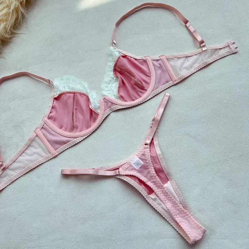 Ellolace conjuntos de lingerie feminina romântica coquette cetim renda sutiã tanga 2pc magro sensual quente traje doce juventude roupa interior da menina