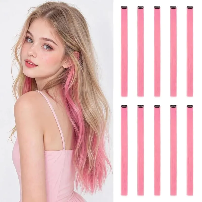 10Pcs 24 Inch Highlight Colorful Single Clip‑in Hair Extensions Synthetic Hair Pieces for Halloween Cosplay Birthday Party
