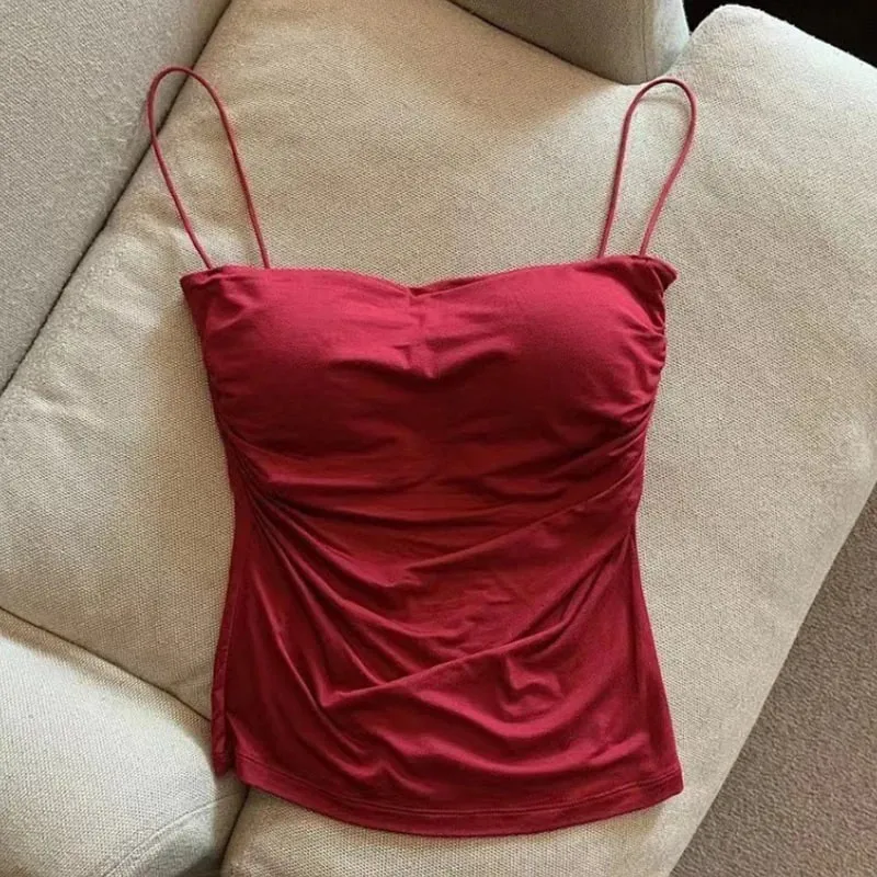 Sexy Solid Pleated Tank Camisole Women's Summer Spaghetti Strap Sleeveless Tops