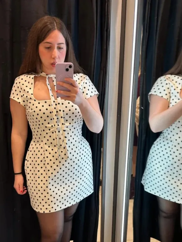 Sexy Polk Dot Women's Dress Club Lace Up Hollow Out Short Sleeve Hip Package Female Mini Dresses 2026 Spring Summer Lady Robe