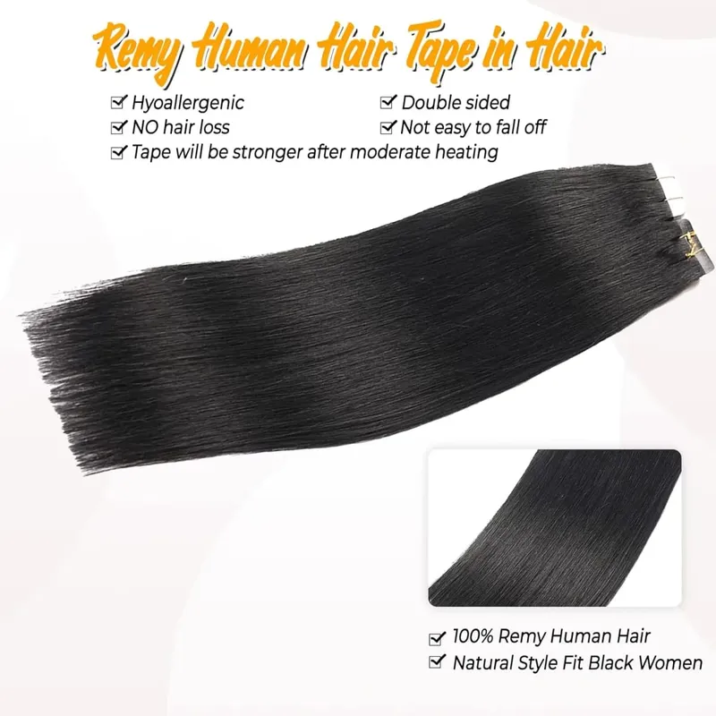Straight Tape in Hair Extensions Brazilian 100% Real Human Hair Adhesive Invisible Glue Natural Black Tape ins Hair For Women 20Pcs/50g