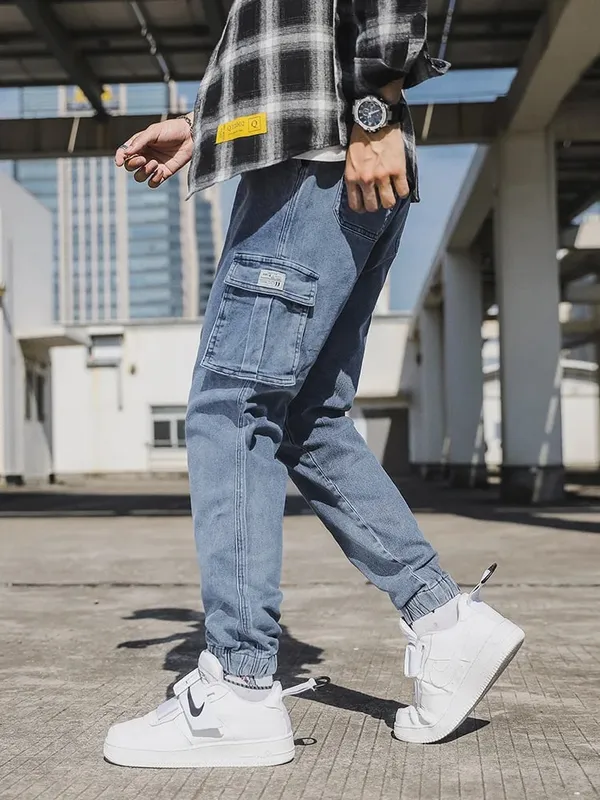 Men's Jogger Jeans Washed Cotton Slight Stretch Multi-Pockets Denim Cargo Pants Asian Size L-6XL
