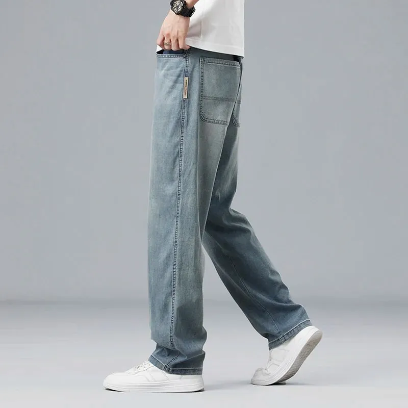 Summer Ultra-thin Lyocell Men's Jeans Drape Soft Fabric Loose Straight Casual Denim Pants Elastic Ice Silk Male Trousers