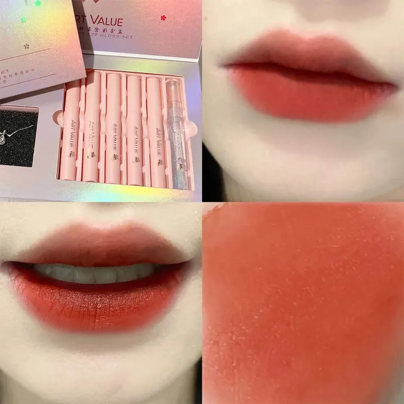 ART VALUE Lips Makeup Sets Include 5 Matte Liquid Lipstick And 1 Lip Balm Oil Nourishing Glitter Lipgloss With Necklace Gift