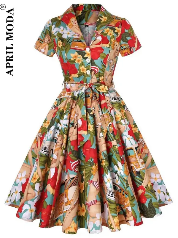 2026 Robe De Cocktail Pinup Rockabilly Dress Midi Cotton Tunic Jurken Causal Vintage 60s 1950s Big Swing Summer Party Sundress