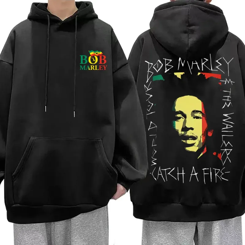 Reggae Bob Marley Face Graphic Hoodie Catch A Fire Album Merch Pullover Hoodies Men Women Casual Vintage Oversized Sweatshirt