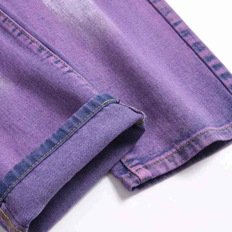 Men Painted Denim Jeans Contrast Color Holes Ripped Distressed Pants Non Stretch Cotton Slim Straight Trousers