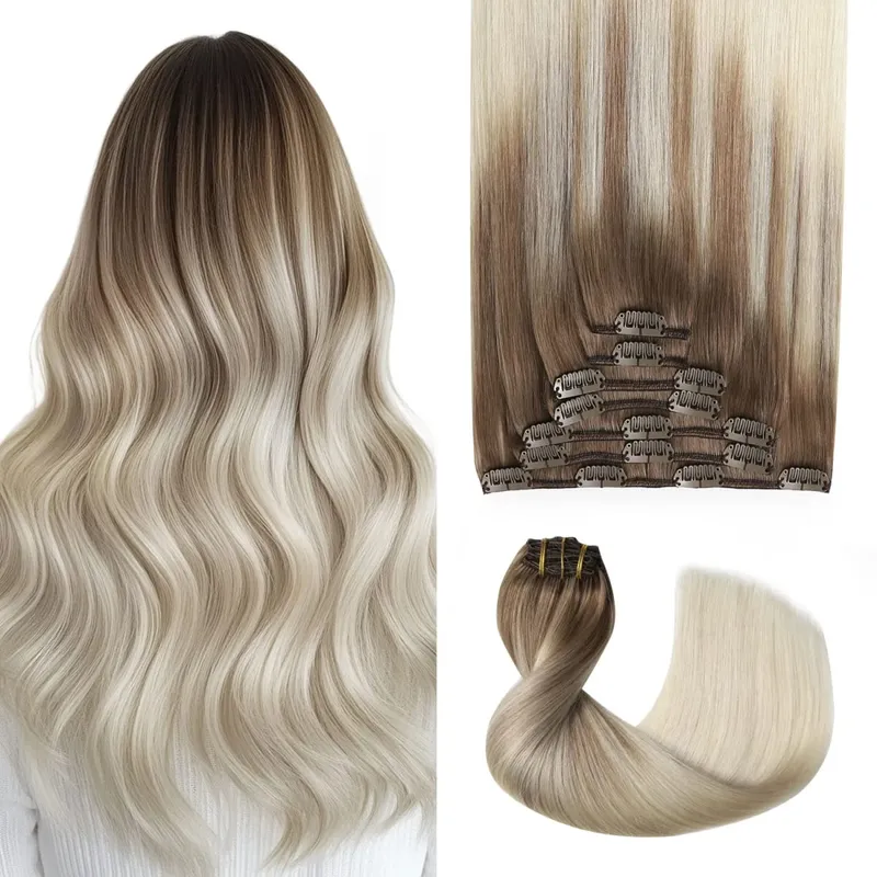 Sweetmet Pro2.0 Clip in Hair Extensions Real Human Hair 120g Thick 7pcs #60 Platinum Blonde Remy Real Human Hair Extensions Clip ins Seamless Double Weft for Women