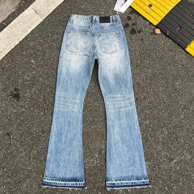 Heavy water Washed Retro Blue Ink Splatter Micro Flare Denim Pants Mens and Womens Straight Baggy Jeans Trousers Boot Cut