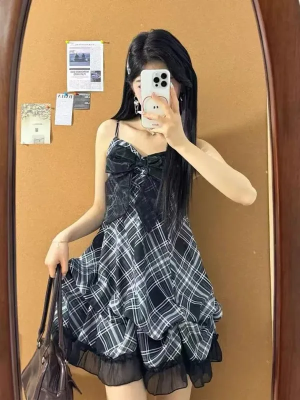 2025 Japanese Vintage Style Strap Dress Women Korean Fashion Black Lace Cami Dresses Summer Sweet Patchwork New One Piece Dress