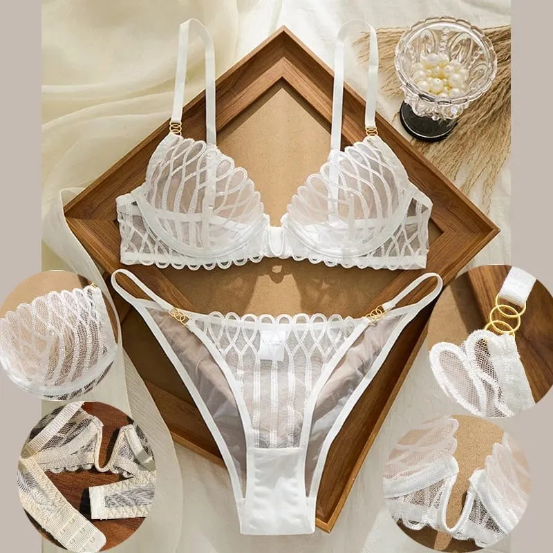 New Lace Transparent Lingerie Set Sexy Hot V Neck Anti Sagging Breathable Bra Panty Ensemble Fashion Daily Women Clothes Supply