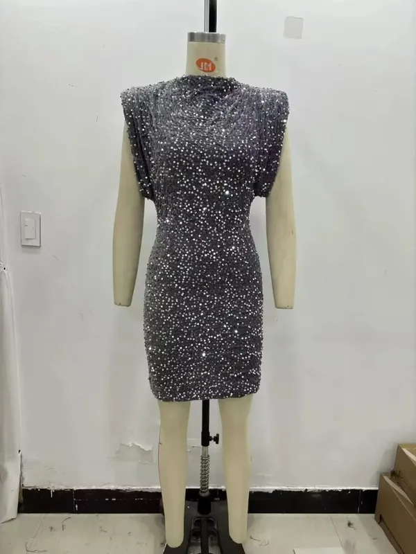2026 Spring Women Sequined Party Dresses Shoulder Pad Sheath Mini Dress Sleeveless Valentine‘s Day Women Elegant Dresses