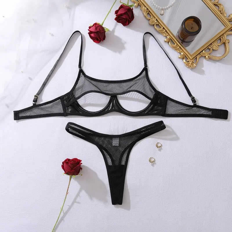 Fashion Hollow Mesh Splicing PU Leather Gathering Sexy Strap Underwear Set