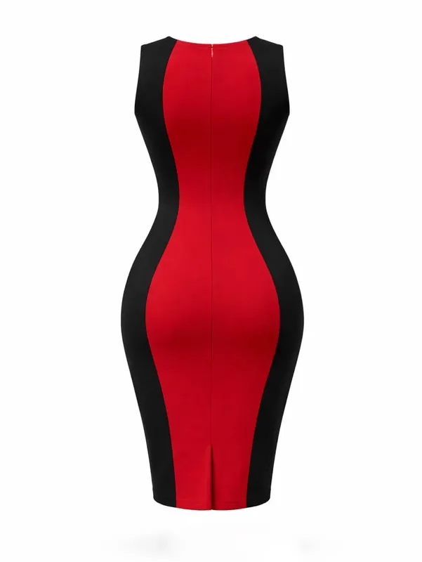 Women Elegant Color Block Round Neck Sleeveless Summer Office Work Knee Length Bodycon Dress Slim Fit Patchwork Pencil Dress