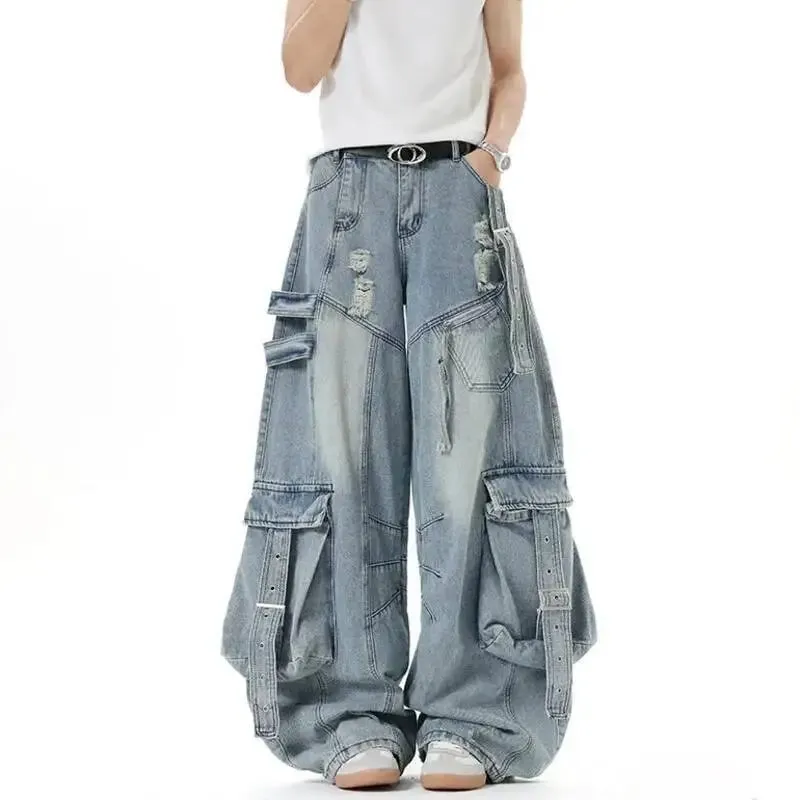 American Style Men's Jeans Solid Color Multi Pockets Casual Worn-out Trousers Deconstruction Wide Leg Denim Pants 9W4066