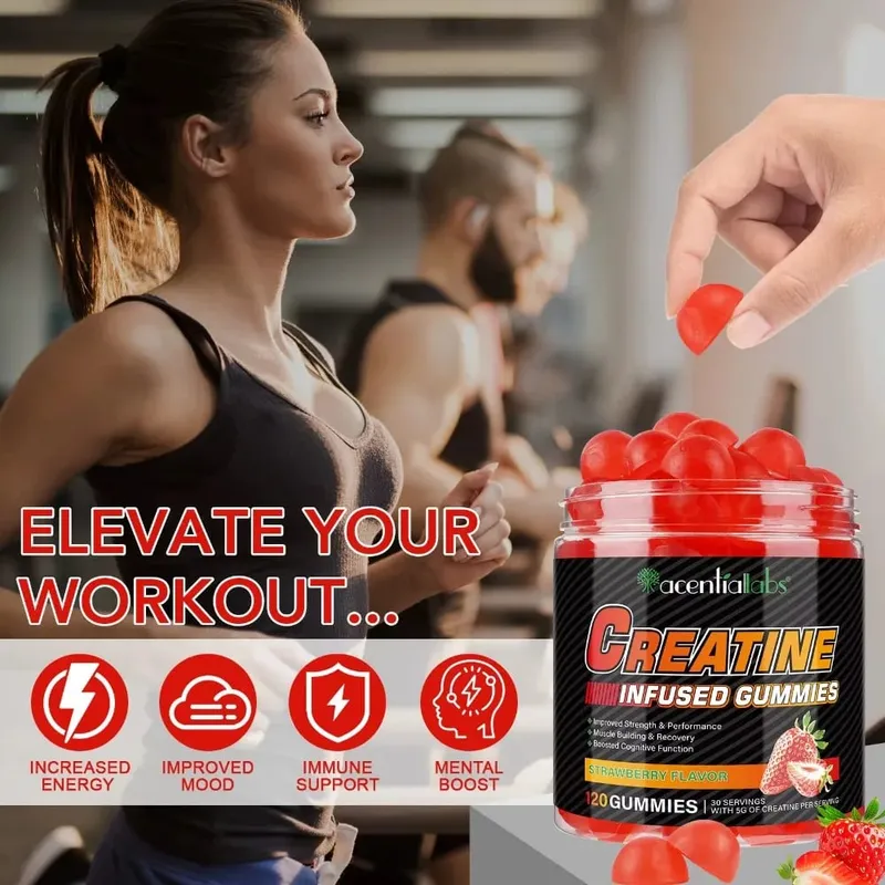 Creatine Monohydrate Gummies 5000mg for Muscle Strength Recovery & Pre-Workout Energy Boost Sugar-Free Vegan Strawberry 120 Ct