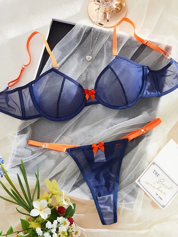 Dámské spodní prádlo námořnická modrá průhledná síťovina spodní prádlo ocelové prsteny podprsenka oranžová tanga s mašlí 2 kusy sexy spodní prádlo kontrastní barva intimky