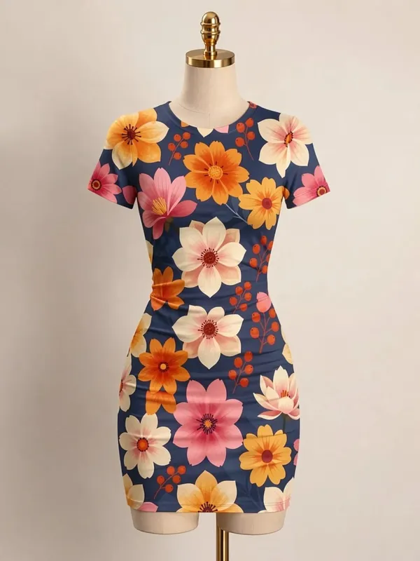 Mulheres manga curta bodycon mini vestido fino ajuste tripulação pescoço floral impressão casual festa de verão bonito elegante suave férias vestido de verão — image 12