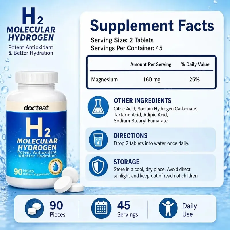 90st H2 molekylärt vätevattentabletter med magnesium 160mg brusdryckstillskott för vätsketillskott för resor och hem