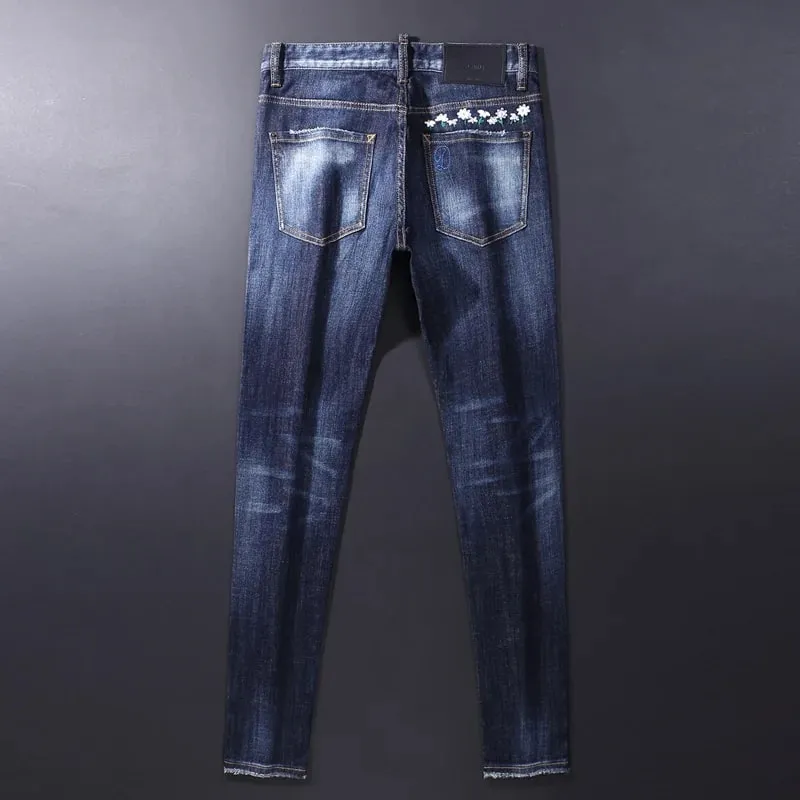 High Street Retro Blue Elastic Split Style Jeans for Men Hip-Hop Designer Embroidery Brand Tight Fit Casual Pants