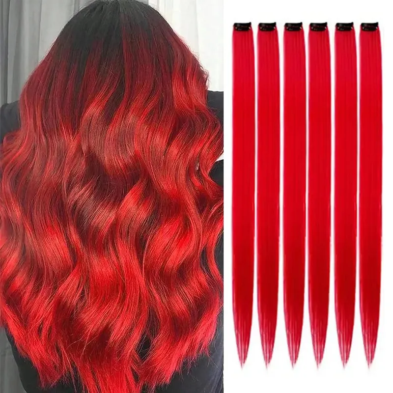 6pcs/pack Colored Party Highlights Clip in Hair Extensions 22 inches Multi-colors Straight Hair Synthetic Hairpieces