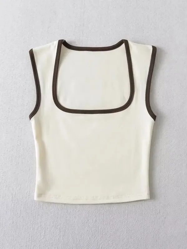 Woman Fashion Slim Solid Contrust Camis Casual Sleeveless Tanks Square Collar Crop Tops Clothing Streetwear Mujer 2024 Y2k
