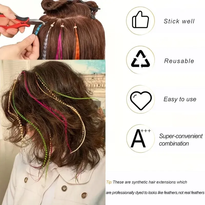 10 Buah Ekstensi Bulu Sintetis Pelangi Multiwarna Pengaya Rambut 16 Inci Cocok untuk Wanita — image 5