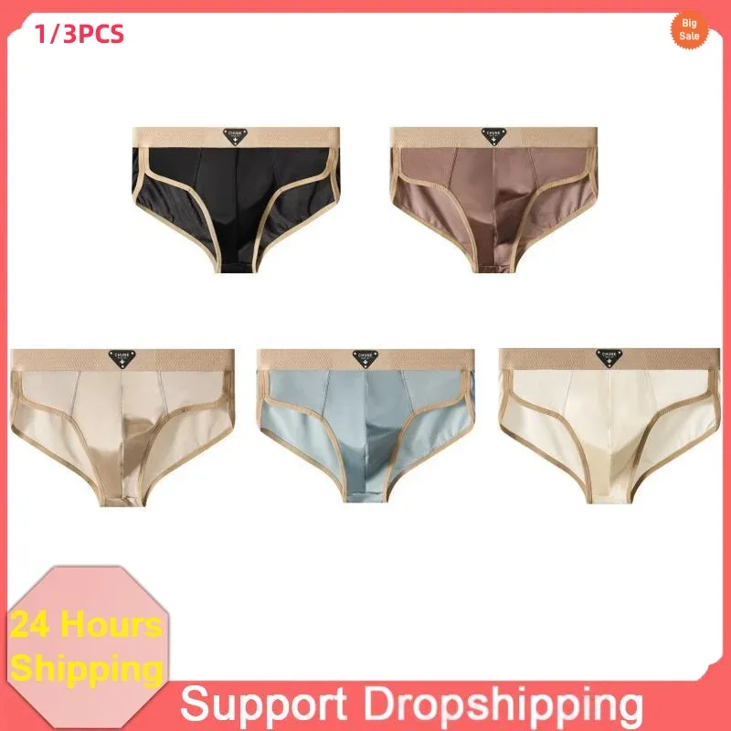 Slips en soie glacée pour hommes, sous-vêtements semblables à du Satin, sous-vêtements d'été respirants à séchage rapide, sous-vêtements Sexy avec pochette en U, 1/3 pièces