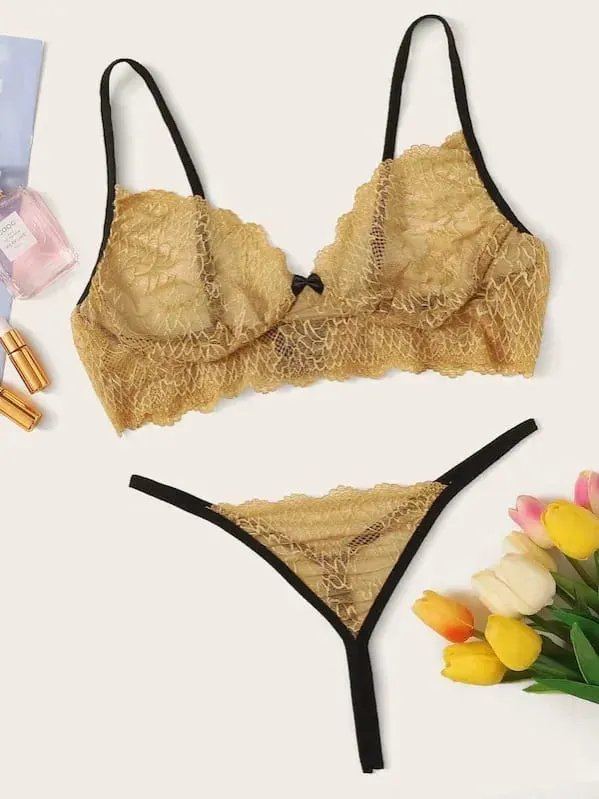 Sexy See through Lingerie Set with Suspender Transparent Bra And Panties for Young Women Fixed Strap Bralette Thin Cup Design