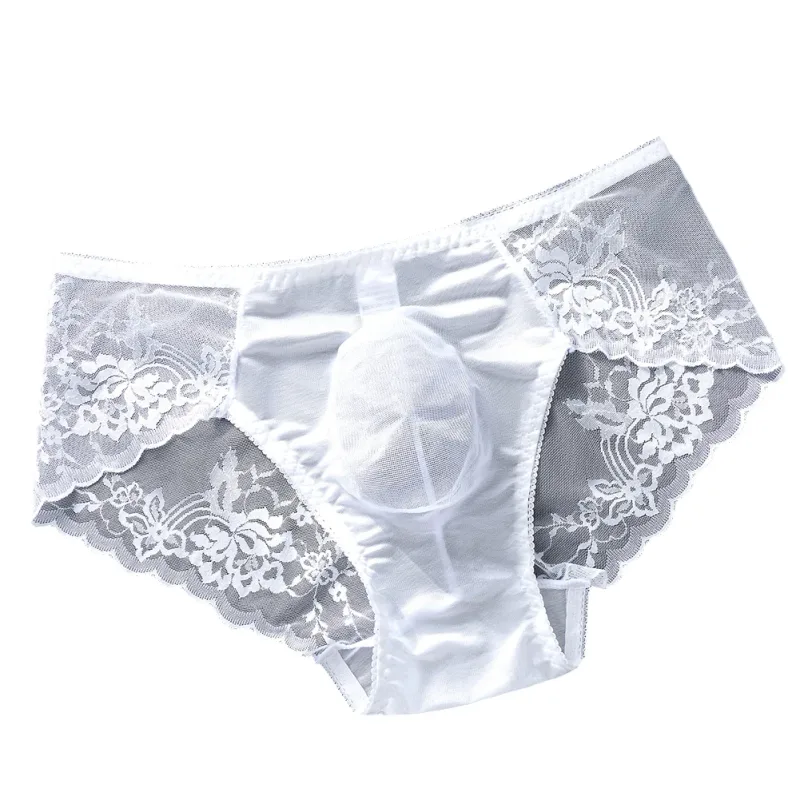 Cuecas masculinas de renda sem costura cuecas de seda gelada 3D bolsa com protuberância calcinha gay de cintura baixa