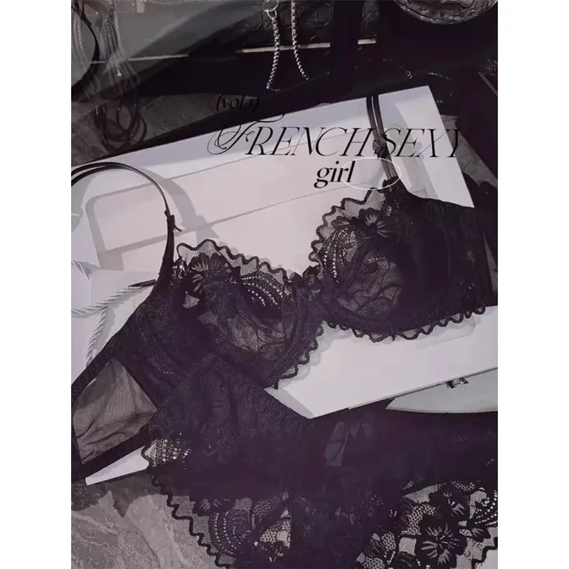 Minimal French Thin Perspective Lace Lingerie Set Underwire Beauty Back Malaking Bust Minimizer Side Shaping Anti Sagging Bra Set