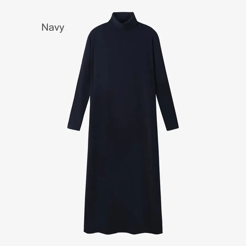 AS 2024 musim sejuk turteneck menebal ribbing dress lembut dan selesa asas turn-down collar maxi dress (Hantar keluar dalam 1 hari)