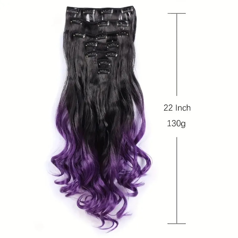 Clip in Hair Extensions Ombre Color Synthetic 7pcs Set Wavy Curly Hairpieces Black to Purple For Women Girls
