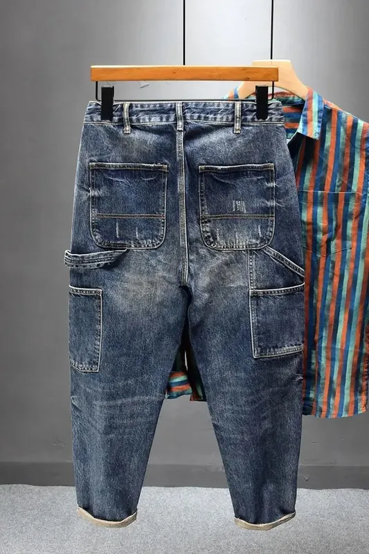 Heavy Trendy 2025 Brand Tooling Multi-pocket Jeans Men's Trend Loose Retro Small Feet Harlan Patchwork Cargo Straight Pants