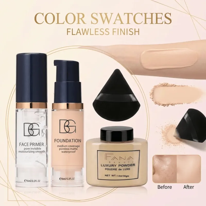 4-Pcs Set Face Makeup Bundle - Smoothing Primer Matte Foundation Setting Powder with Puff - Long-Lasting Waterproof Value Pack