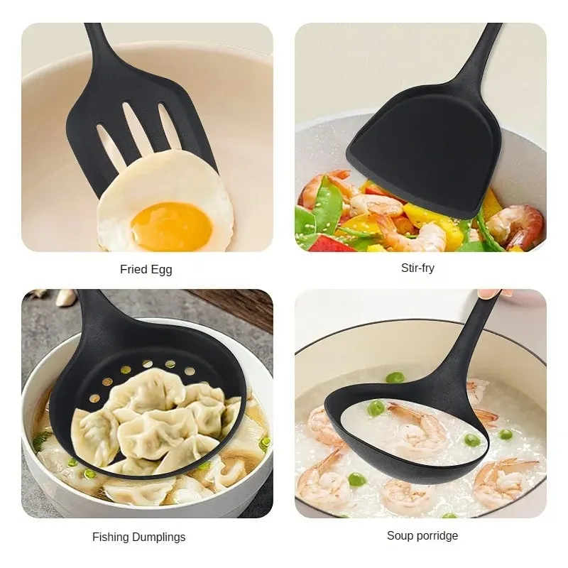 8ps Household black Silicone kitchenware 8-piece set of Chinese spaghetti spoon salad spaghetti spaghetti spaghetti，Rice spoon，
