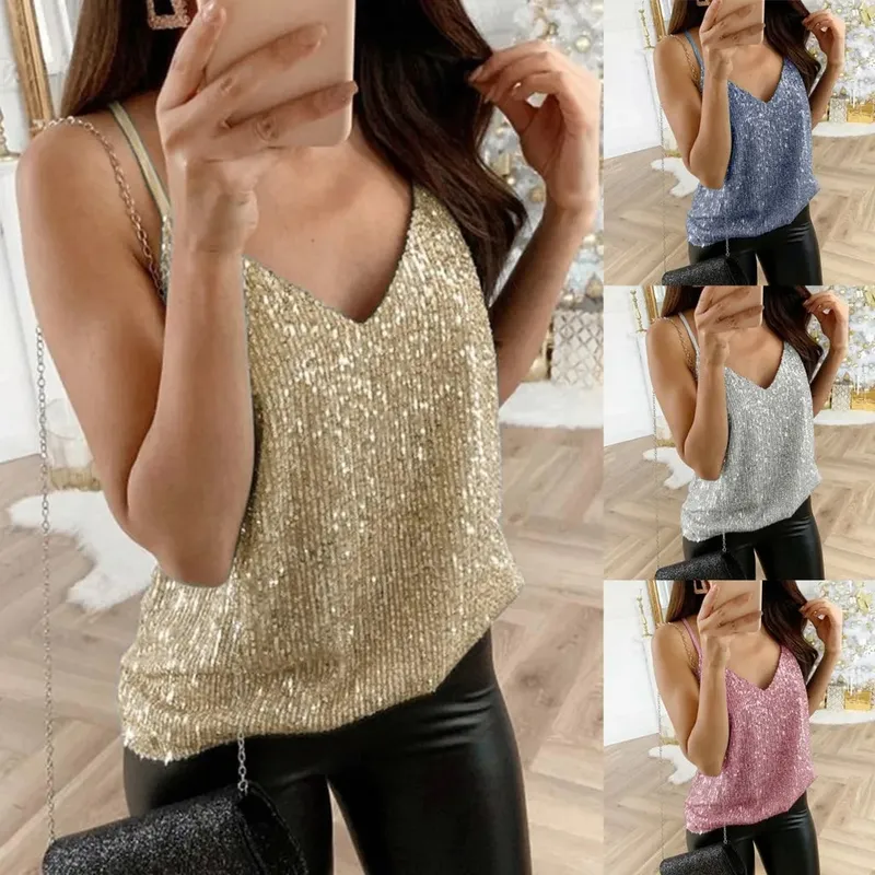Fashion Women Sequins Tank Top 2024 New Summer Sexy Halter Neck Crop Camis Girls Sequin Sleeveless Short Camisole Vest Tops