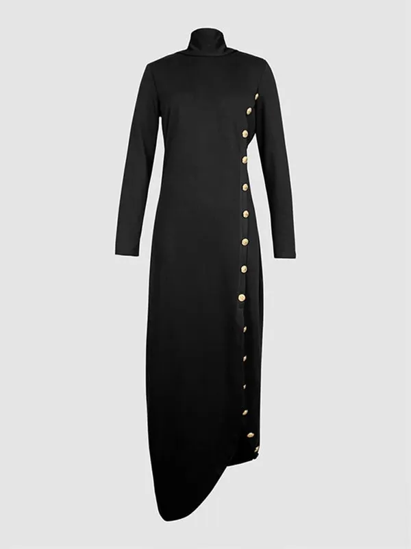 Elegant Women's Buttoned Split-Side High Neck Evening Black Dress 2026 Fashion Long Sleeves Loose Commuter Office Maxi Dresses