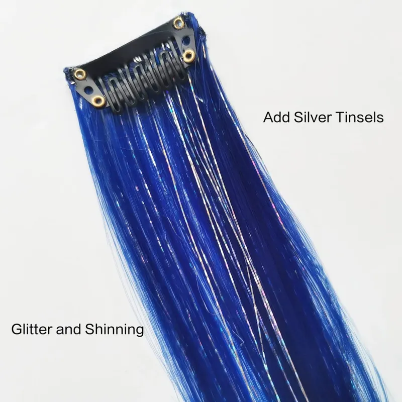 Clip in Colored Hair Extensions Mixed Silver Tinsels Synthetic 2 in 1 Rainbow Hairpiece Holiday Party Highlights for Women Girls — image 4