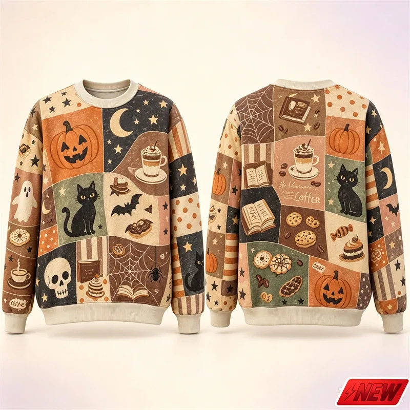Halloween Splicing Patterns Sweatshirt Herr 3D Print Pumpa Cat Långärmad Pullover Hoodie Quick Dry Holiday Costume Top Unisex