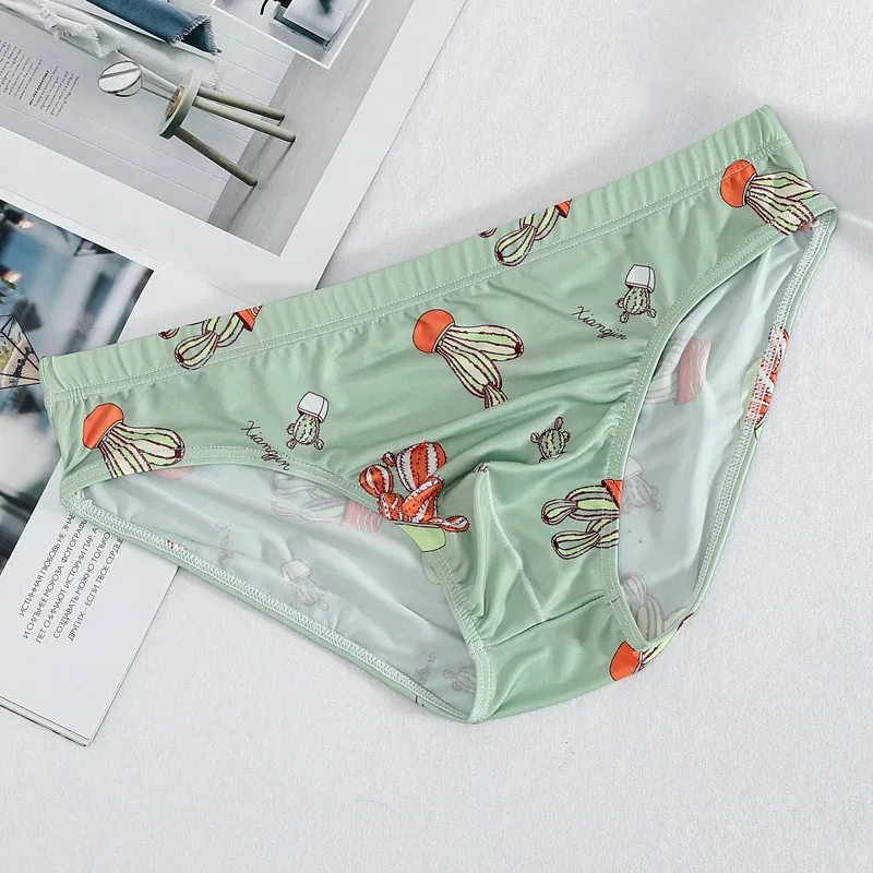 Men's Briefs Translucent Cartoon Printed Ice Silk Slippery Sexy Breathable Summer Low Waist U Convex Pouch Lingerie Underpants