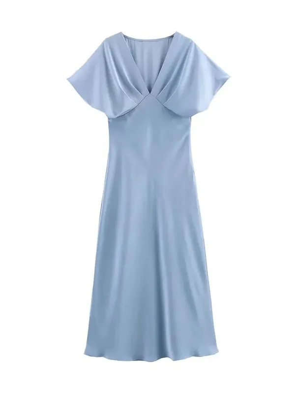 HH Women Elegant Solid Satin Dress Sexy V Neck Short Sleeve Midi Dress 2025 New Fashion Summer Lady Holidays Party Dress