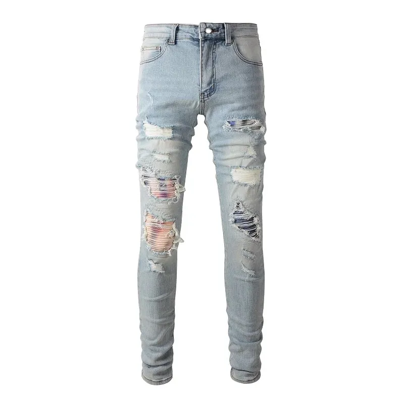 Men Cracked Patch Stretch Denim Jeans Holes Ripped Patchwork Pants Streetwear Light Blue Skinny Tapered Trousers