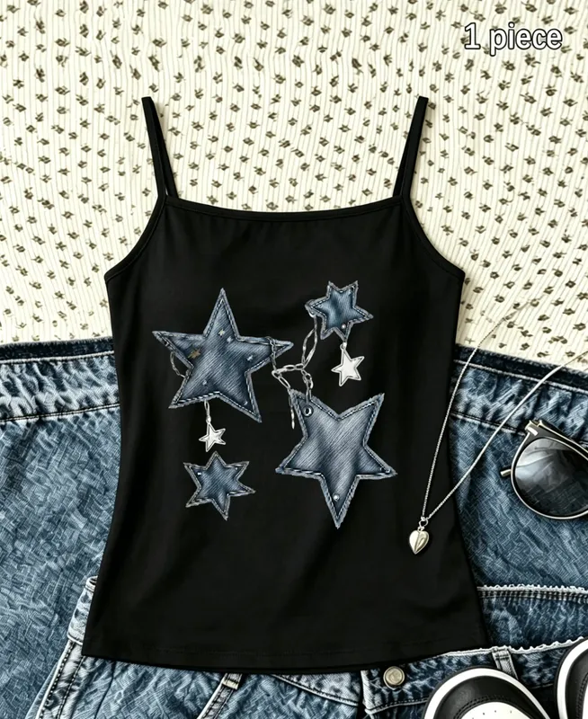 Y2K Women Tank Top Vintage Denim Star Pendant Graphic Spaghetti Strap Camisole Summer Beach Sleeveless Black White Vest Shirt