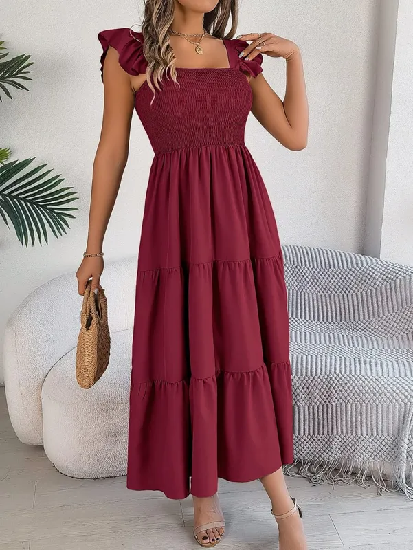Msfilia vestido longo feminino liso sem mangas com gola quadrada evasê plissado para primavera e verão