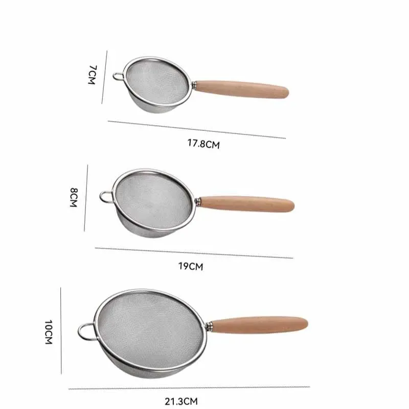 1-3pcs Wooden Handle Flour Sifter And Strainer Fine Mesh Stainless Steel for Home Baking Cooking Juice And Powder Filtering — image 5