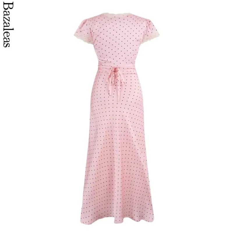 2025 vestidos con estampado de puntos rosas vestido MIDI de encaje de verano vestido Sexy con cuello en v para mujer vestido de noche de fiesta de manga corta — image 3