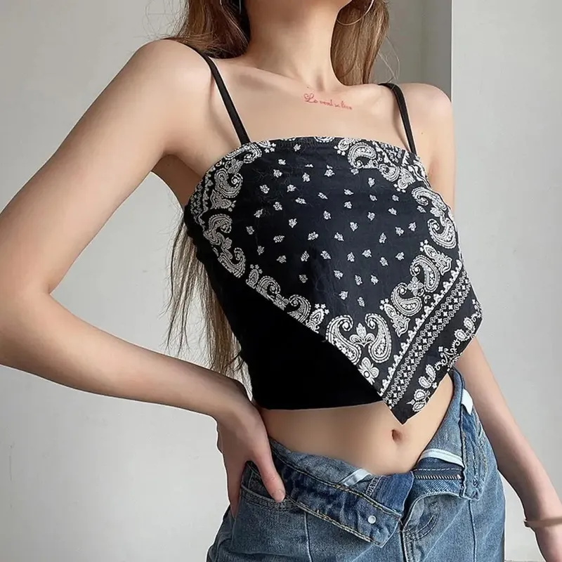 Spagetti Kayışı Tank Top Seksi Backless Kaşkorse Baskılı Bluz Yaz Zarif Parti Kadın Camiş Kore Tarzı Seksi Kısa Üst