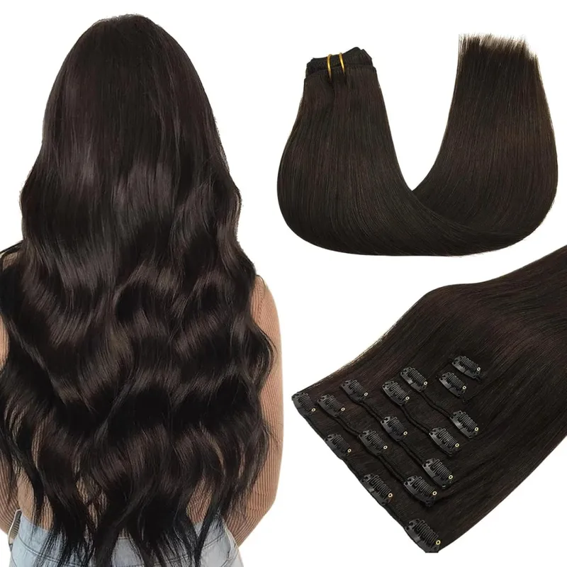 22 Inch Long straight Black Clip in Hair Extensions 130G 7pcs Synthetic Clip in Hair Extensions