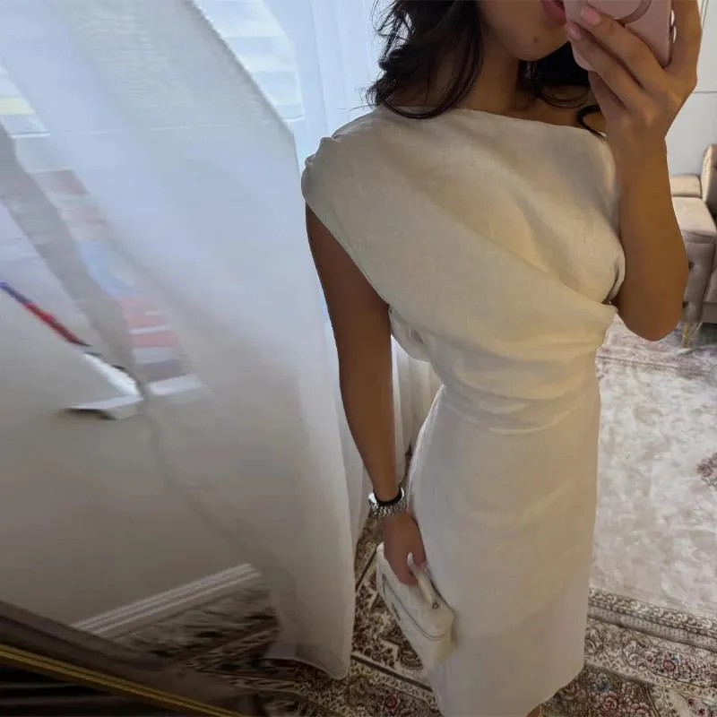 Elegant One Shoulder Solid Dress Women's Waist-cinching Side Split Ankle-length Dresses 2026 Summer New Lady Casual Cozy Robes — image 9